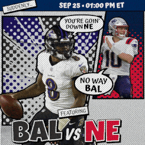 an advertisement for bal vs ne featuring ravens and patriots players