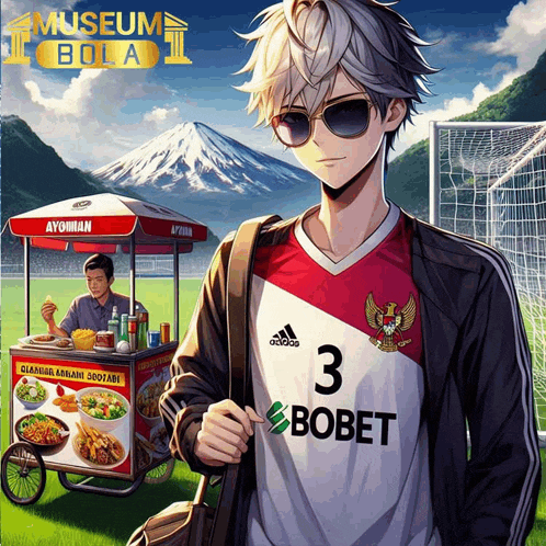 a man wearing a jersey with the number 3 on it stands in front of a food cart