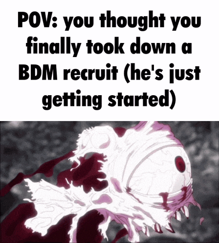 a meme that says " pov : you thought you finally took down a bdm recruit "