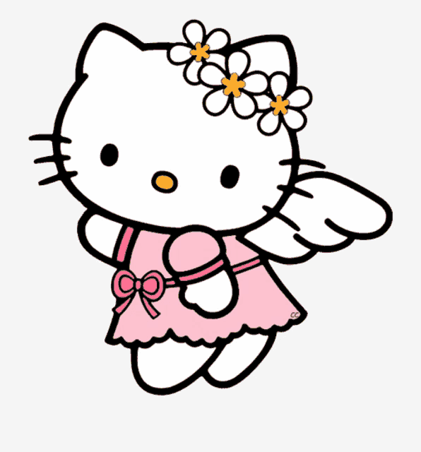 a drawing of hello kitty with wings and a flower crown