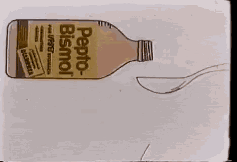 a cartoon of a bottle of pepto bismol being poured into a ladle .