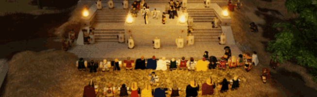a group of people are gathered in a circle in front of a staircase