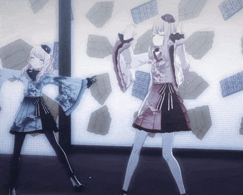 two anime girls are standing in front of a wall that has a pattern of squares on it