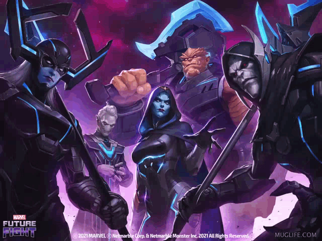 a poster for marvel 's future fight showing a group of characters