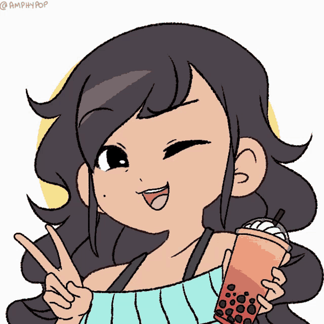 a drawing of a girl giving a peace sign and holding a cup of bubble tea
