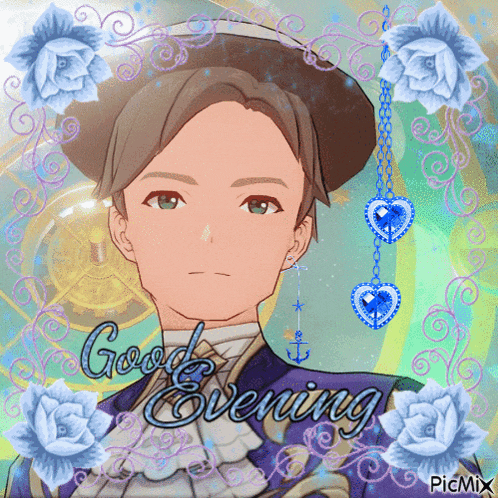 a picture of a man with the words good evening written in blue