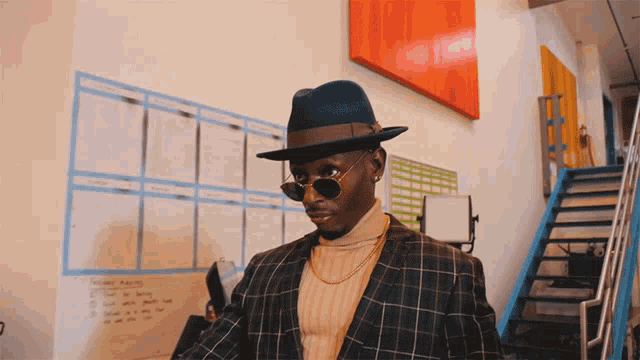 a man wearing a hat and sunglasses is standing in front of a wall with a calendar on it that says " weekly "