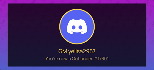 a purple background with a discord logo and gm yelisa2957 you 're now a outlander # 17301