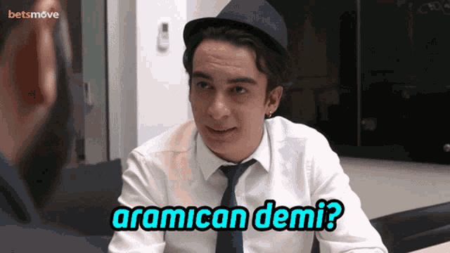 a man wearing a hat and tie is asking " aramican demi "