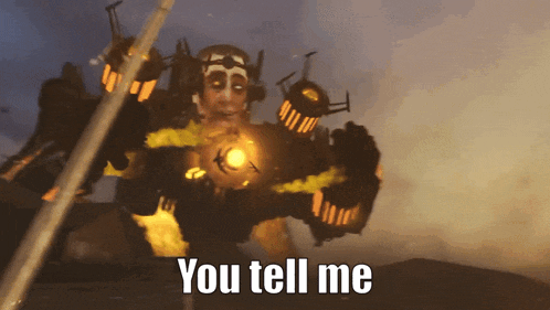 a video game character says " you tell me " while holding a stick