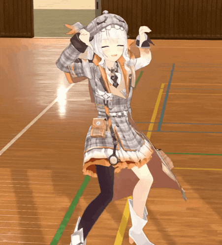 a girl in a plaid dress is dancing on a wooden floor