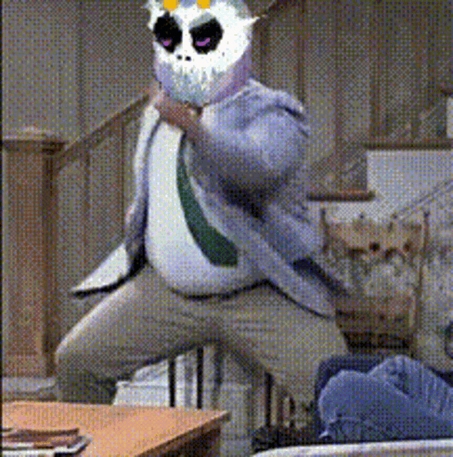 a man in a suit and tie is wearing a cat mask on his face