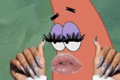 a close up of a person 's hands holding a spongebob squarepants character 's face with long eyelashes .