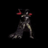 a cartoon character is standing in a dark room with a red cape .