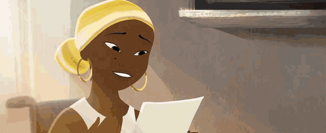 a cartoon woman is reading a piece of paper