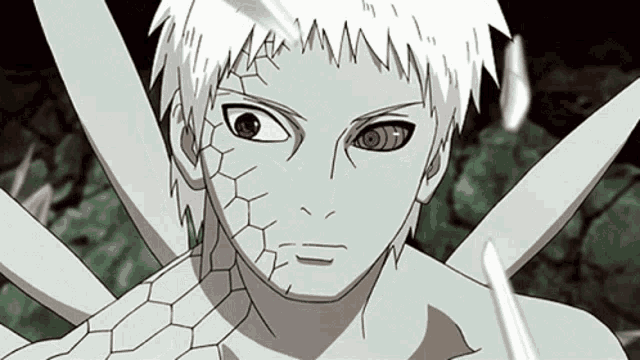 a cartoon character with white hair and red eyes has a snake like body