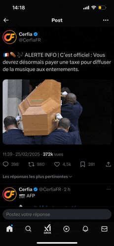 a screenshot of a twitter post with a picture of a coffin being carried by men