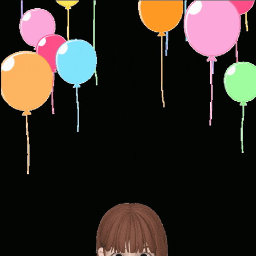 a girl in a brown vest is holding a cell phone in front of colorful balloons