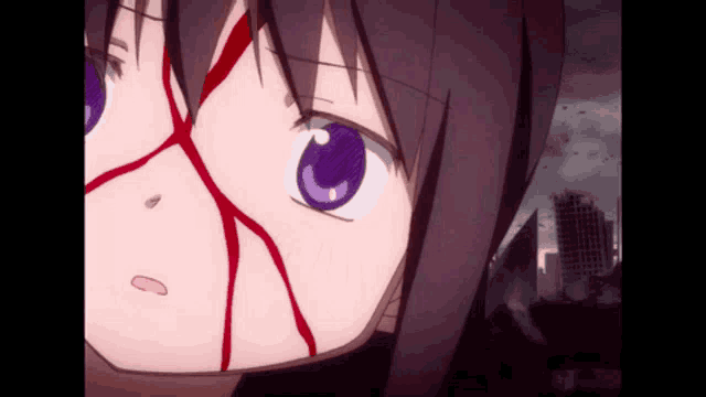 a close up of a girl 's face with purple eyes