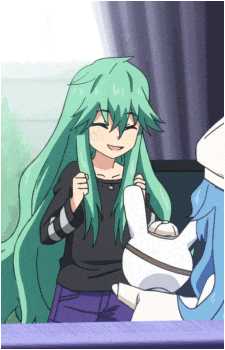 a girl with long green hair is holding a white rabbit