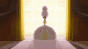 a pixel art of a princess in a pink dress standing in front of a door .