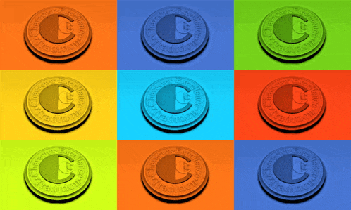 a collage of colorful coins with the letter c on them