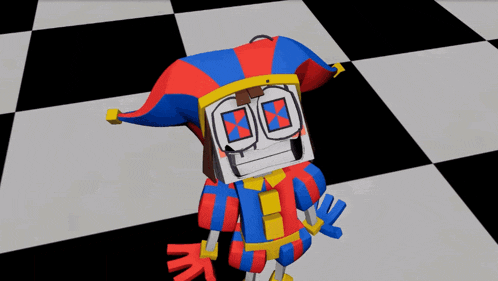 a robotic jester is laying on a checkered tile floor
