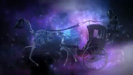 a horse drawn carriage is being pulled by a skeleton in a galaxy .