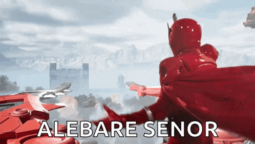 a red superhero is flying through the air with the words alebare senor above him
