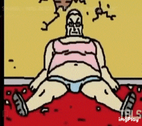 a cartoon of a man in a pink tank top and blue underwear sitting on the floor .