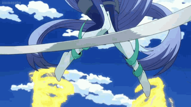 a cartoon character is flying through the air with a blue sky and clouds in the background
