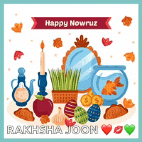 a happy nowruz greeting card with a fish bowl , eggs , candles and a mirror