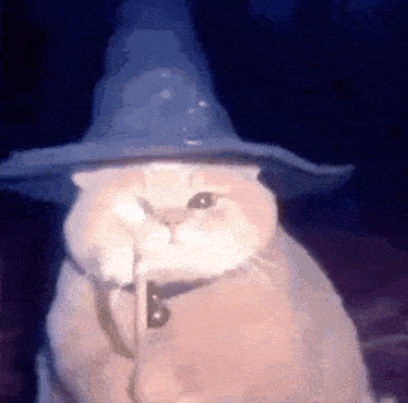 a cat is wearing a wizard hat and holding a wand in its mouth .