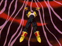 a cartoon character is flying through the air with his arms outstretched in a zebra print background .