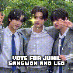 three young men in suits and ties are posing for a picture with the words vote for junil sangwon and led below them .