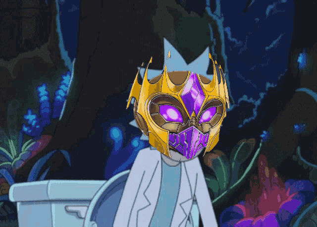 a cartoon character wearing a purple mask and a crown