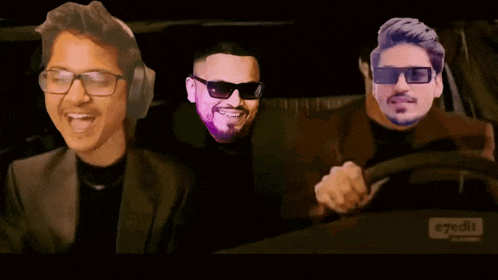 three men wearing sunglasses and headphones are sitting in a car with a sticker that says e7edits
