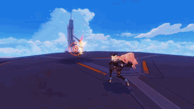 a video game character is flying through the air with a rocket in the background