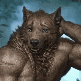 a close up of a werewolf with muscles scratching his head and smiling .