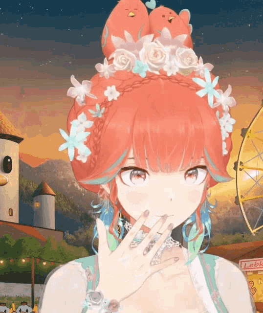 a girl with flowers in her hair is standing in front of a carnival ferris wheel
