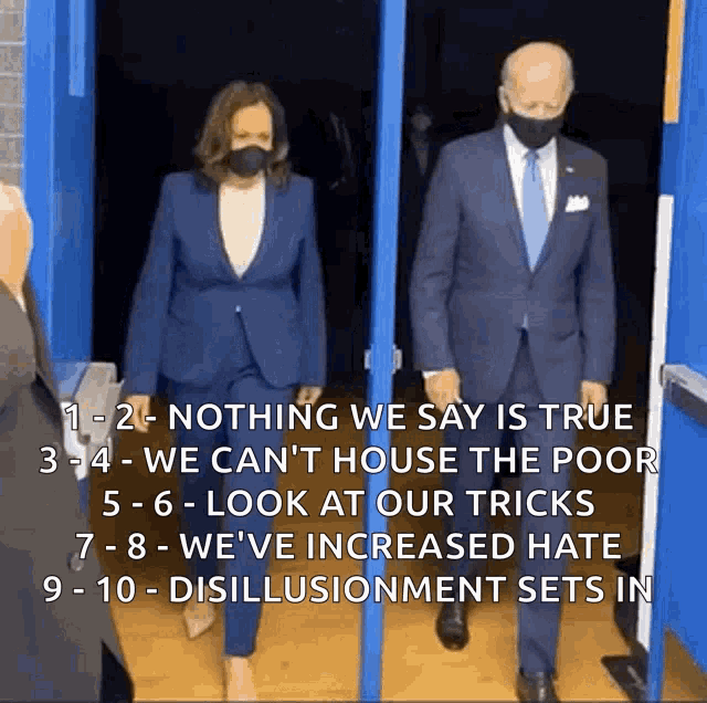 a man and a woman wearing masks are walking out of a door