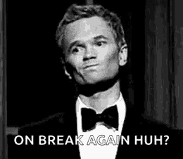 a man in a tuxedo and bow tie is making a funny face and saying `` on break again huh ? ''