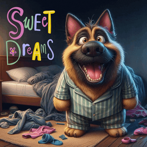 a german shepherd wearing pajamas stands in front of a bed with the words sweet dreams written on the bottom