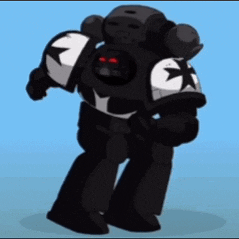 a black robot with white stars on the arms is dancing on a blue background .