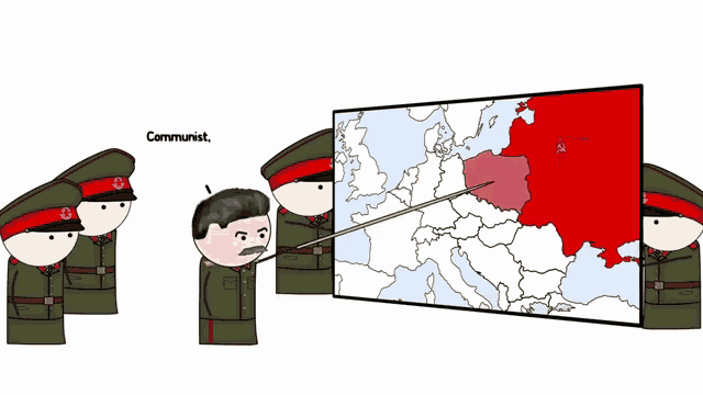 a group of soldiers are looking at a map and one of them says " communist communist "