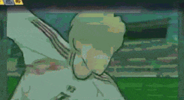 a cartoon of a man standing on a soccer field with a stadium in the background
