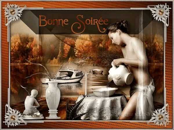 a picture of a woman pouring water with the words bonne soiree written on the bottom