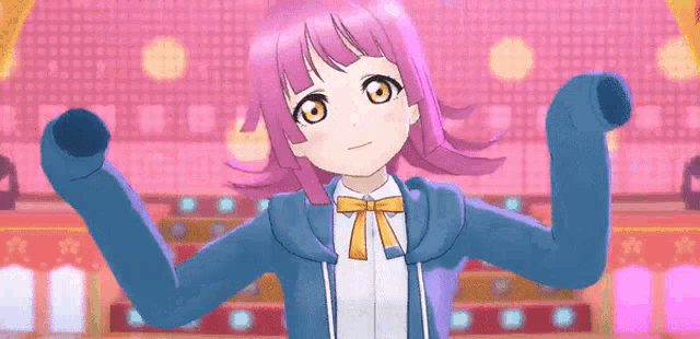a girl with pink hair is wearing a blue hoodie