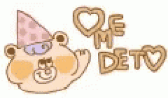 a teddy bear wearing a party hat is surrounded by hearts and the words `` me de to '' .