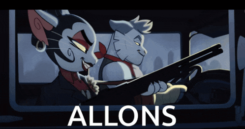 a cartoon of a man and a woman holding guns with the word allons on the bottom
